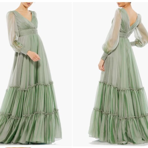 MAC DUGGAL 678641 FAUX WRAP ILLUSIONS BISHOP SLEEVE SAGE TIERED CHIFFON GOWN  4 - Picture 5 of 5